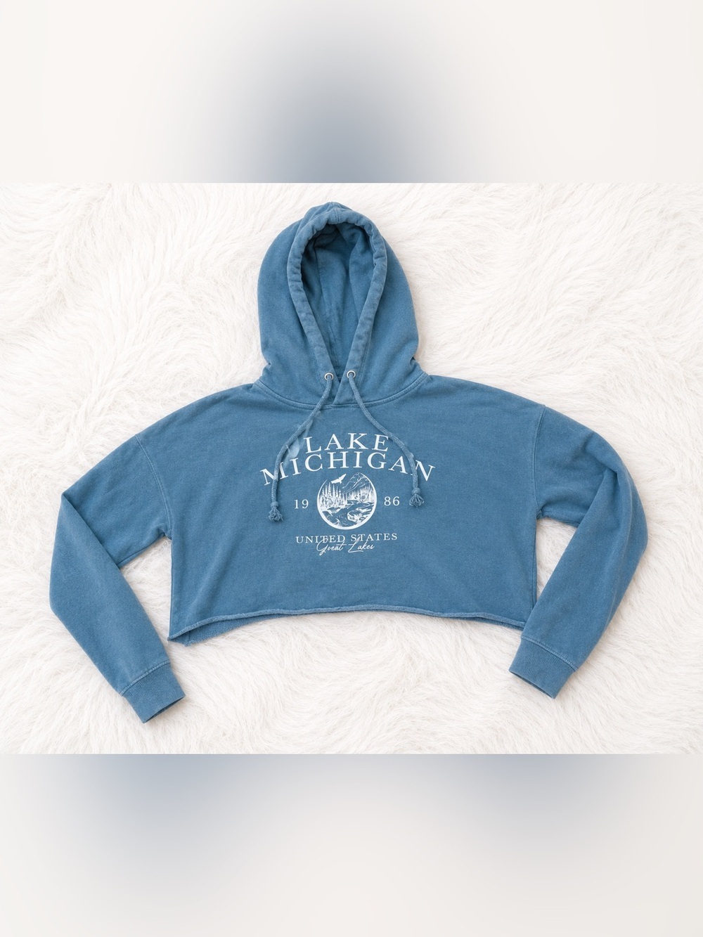 Missguided Lake Michigan Cropped Hoodie Blue Graphic Sweatshirt Size 8 Y2K